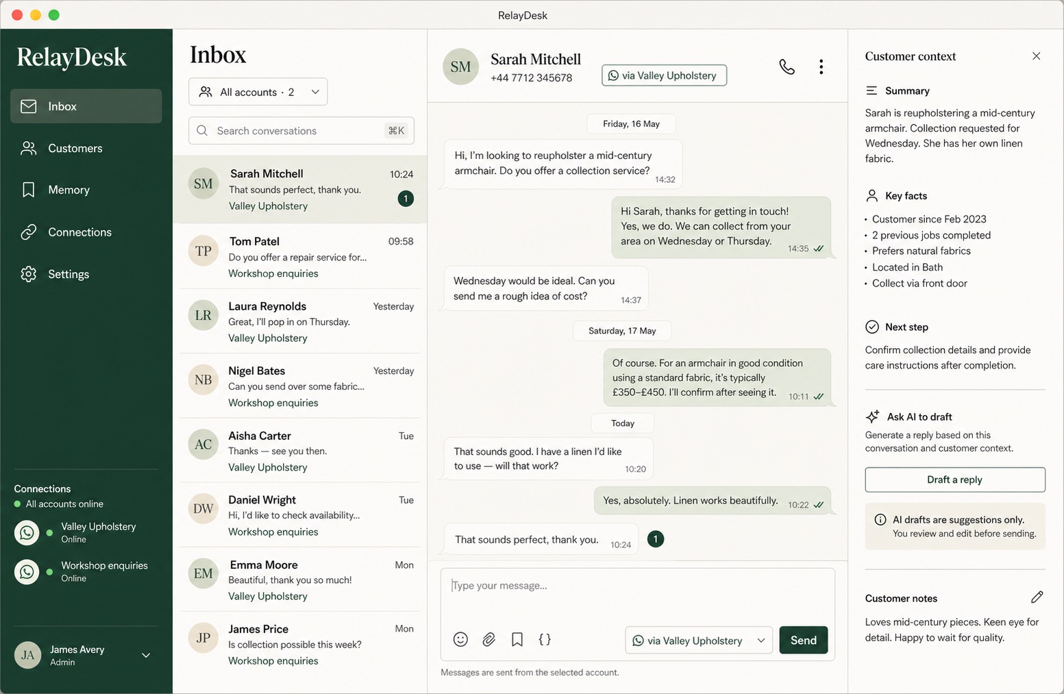 RelayDesk showing conversations from two WhatsApp accounts, one customer thread, customer context and a reviewed AI draft action