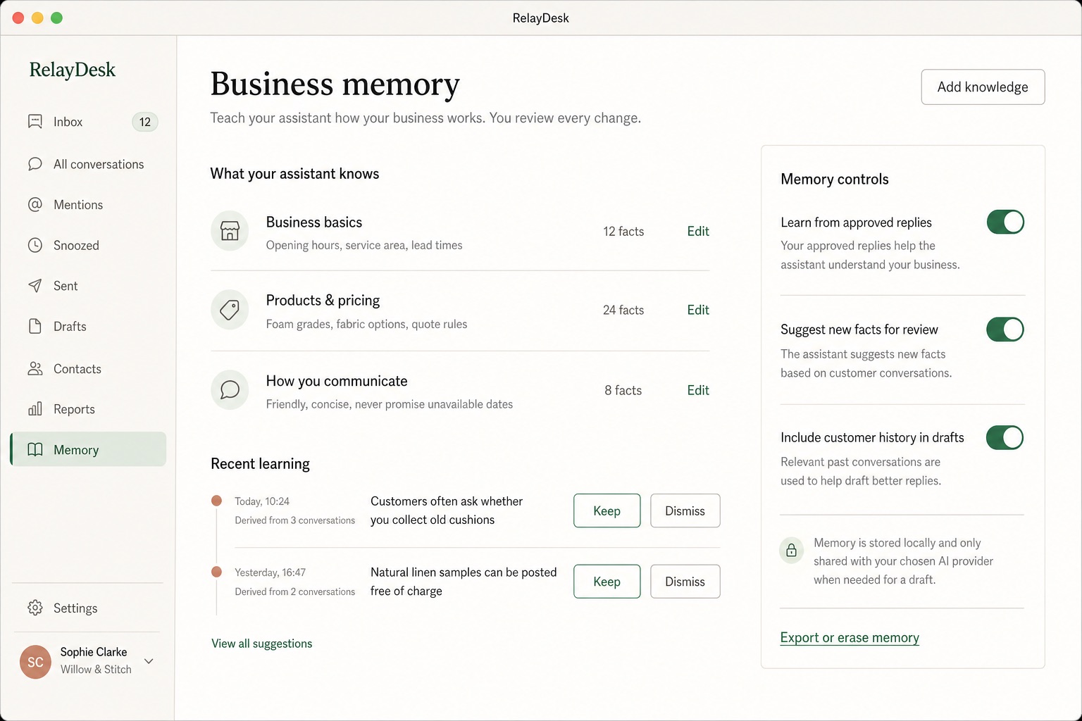 RelayDesk business memory with editable facts, recent learning suggestions and privacy controls